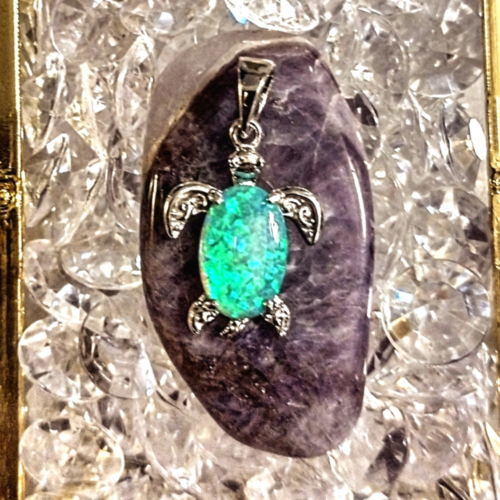 925 Sterling Silver Aqua Marine Color Sea Turtle Pendant.